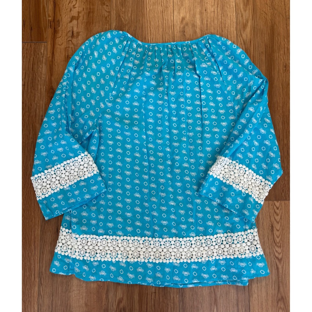 Crown & Ivy Womens XL Blue Crab Print Crochet Trim Peasant Blouse Coastal Boho - Picture 7 of 8
